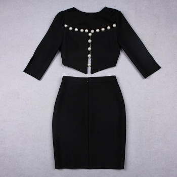 Women's Sexy O-Neck Wrist Sleeve Hollow Out Pearl Split Mini Fashion Dress Elegant Black